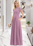 Isabela A-Line Scoop Neck Floor-Length Chiffon Lace Prom Dresses With Pockets UKP0014213