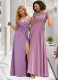 Isabela A-Line Scoop Neck Floor-Length Chiffon Lace Prom Dresses With Pockets UKP0014213