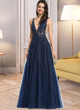 Kay A-Line V-neck Floor-Length Tulle Prom Dresses With Beading Sequins UKP0014217