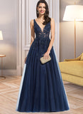 Kay A-Line V-neck Floor-Length Tulle Prom Dresses With Beading Sequins UKP0014217