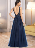 Kay A-Line V-neck Floor-Length Tulle Prom Dresses With Beading Sequins UKP0014217