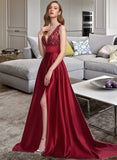 Skyler Ball-Gown/Princess V-neck Sweep Train Satin Prom Dresses With Sequins Split Front UKP0014219