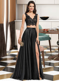 Mallory A-Line V-neck Floor-Length Satin Prom Dresses With Split Front UKP0014220