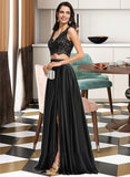 Mallory A-Line V-neck Floor-Length Satin Prom Dresses With Split Front UKP0014220