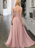 Scarlett A-Line V-neck Floor-Length Chiffon Prom Dresses With Beading Sequins Split Front UKP0014221