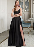 Hillary A-Line V-neck Floor-Length Satin Prom Dresses With Ruffle Split Front UKP0014224