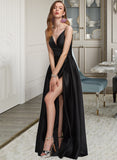 Hillary A-Line V-neck Floor-Length Satin Prom Dresses With Ruffle Split Front UKP0014224