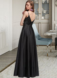 Hillary A-Line V-neck Floor-Length Satin Prom Dresses With Ruffle Split Front UKP0014224