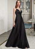 Hillary A-Line V-neck Floor-Length Satin Prom Dresses With Ruffle Split Front UKP0014224