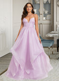 Savanah Ball-Gown/Princess V-Neck Sweep Train Organza Prom Dresses UKP0014226