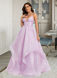 Savanah Ball-Gown/Princess V-Neck Sweep Train Organza Prom Dresses UKP0014226