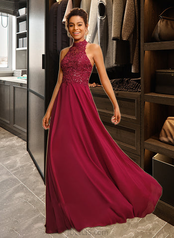 Karli A-Line Halter Floor-Length Chiffon Prom Dresses With Lace Sequins UKP0014227