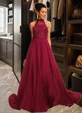 Karli A-Line Halter Floor-Length Chiffon Prom Dresses With Lace Sequins UKP0014227