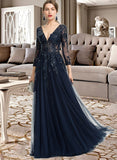 Makena A-Line V-neck Floor-Length Tulle Prom Dresses With Sequins UKP0014231