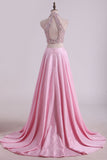 Two-Piece High-Neck Beaded Bodice Taffeta Prom Dresses