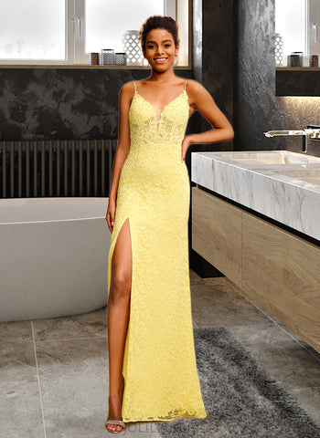 Aiyana Sheath/Column V-neck Floor-Length Lace Prom Dresses With Beading UKP0014234