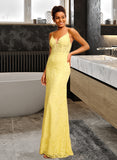 Aiyana Sheath/Column V-neck Floor-Length Lace Prom Dresses With Beading UKP0014234