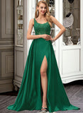 Giovanna A-Line Square Neckline Sweep Train Satin Prom Dresses With Lace Sequins Split Front UKP0014238