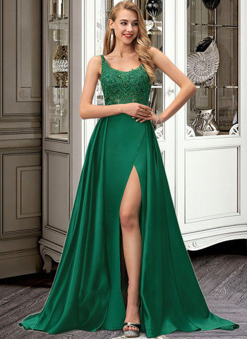 Giovanna A-Line Square Neckline Sweep Train Satin Prom Dresses With Lace Sequins Split Front UKP0014238