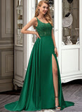 Giovanna A-Line Square Neckline Sweep Train Satin Prom Dresses With Lace Sequins Split Front UKP0014238