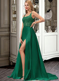 Giovanna A-Line Square Neckline Sweep Train Satin Prom Dresses With Lace Sequins Split Front UKP0014238