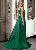 Giovanna A-Line Square Neckline Sweep Train Satin Prom Dresses With Lace Sequins Split Front UKP0014238