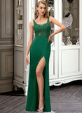 Giovanna A-Line Square Neckline Sweep Train Satin Prom Dresses With Lace Sequins Split Front UKP0014238