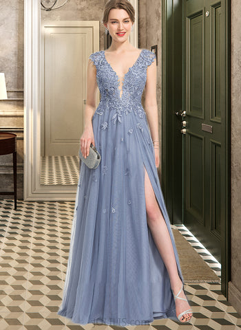 Michaelia A-Line V-neck Floor-Length Tulle Prom Dresses With Sequins Split Front UKP0014239