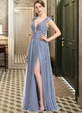 Michaelia A-Line V-neck Floor-Length Tulle Prom Dresses With Sequins Split Front UKP0014239