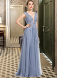 Michaelia A-Line V-neck Floor-Length Tulle Prom Dresses With Sequins Split Front UKP0014239