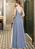 Michaelia A-Line V-neck Floor-Length Tulle Prom Dresses With Sequins Split Front UKP0014239