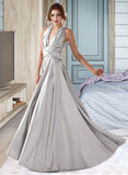 Jocelynn A-Line V-neck Floor-Length Charmeuse Prom Dresses With Ruffle UKP0014240