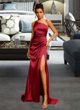 Joy Sheath/Column One-Shoulder Sweep Train Satin Prom Dresses With Split Front Pleated UKP0014241