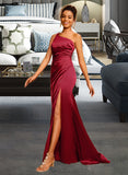 Joy Sheath/Column One-Shoulder Sweep Train Satin Prom Dresses With Split Front Pleated UKP0014241