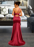 Joy Sheath/Column One-Shoulder Sweep Train Satin Prom Dresses With Split Front Pleated UKP0014241