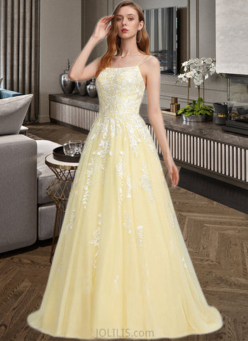 Saniya Ball-Gown/Princess Square Neckline Sweep Train Tulle Prom Dresses UKP0014242