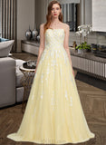 Saniya Ball-Gown/Princess Square Neckline Sweep Train Tulle Prom Dresses UKP0014242