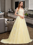 Saniya Ball-Gown/Princess Square Neckline Sweep Train Tulle Prom Dresses UKP0014242