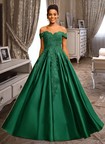 Kinley Ball-Gown/Princess Off the Shoulder Floor-Length Satin Prom Dresses With Sequins UKP0014243