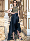 Kathleen A-Line Scoop Neck Asymmetrical Satin Prom Dresses With Lace Beading Sequins UKP0014246