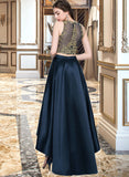 Kathleen A-Line Scoop Neck Asymmetrical Satin Prom Dresses With Lace Beading Sequins UKP0014246