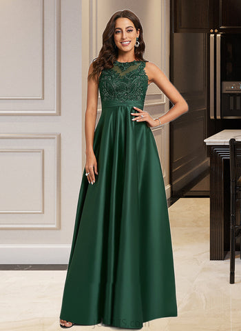 Laney Ball-Gown/Princess Scoop Neck Floor-Length Satin Prom Dresses With Lace Sequins UKP0014248