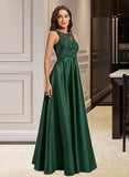 Laney Ball-Gown/Princess Scoop Neck Floor-Length Satin Prom Dresses With Lace Sequins UKP0014248