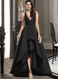 Caylee Ball-Gown/Princess V-neck Asymmetrical Satin Prom Dresses With Cascading Ruffles UKP0014249