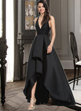 Caylee Ball-Gown/Princess V-neck Asymmetrical Satin Prom Dresses With Cascading Ruffles UKP0014249