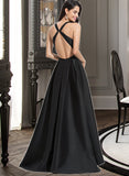 Caylee Ball-Gown/Princess V-neck Asymmetrical Satin Prom Dresses With Cascading Ruffles UKP0014249