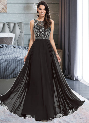 Nicole A-Line Scoop Neck Floor-Length Chiffon Prom Dresses With Beading Sequins UKP0014250