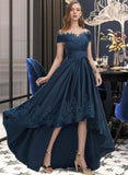 Sarahi Ball-Gown/Princess Scoop Neck Asymmetrical Satin Prom Dresses With Sequins Pockets UKP0014252