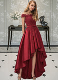 Violet Ball-Gown/Princess Off-the-Shoulder Asymmetrical Satin Prom Dresses With Lace Beading Sequins Bow(s) UKP0014257