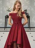 Violet Ball-Gown/Princess Off-the-Shoulder Asymmetrical Satin Prom Dresses With Lace Beading Sequins Bow(s) UKP0014257